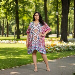 Geometric Print Pink Polyester Short Caftan Tunic Dress for Women by Gypsie Blu